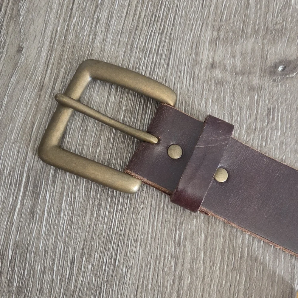 Old Navy Brown Studded Leather Belt with Brass Buckle Medium